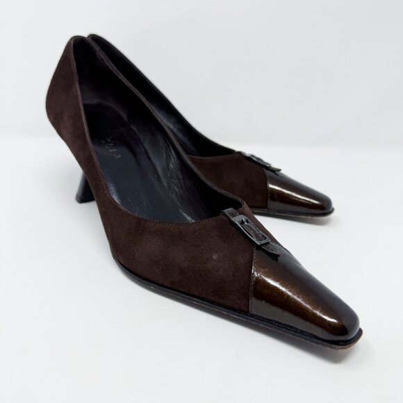 Vintage 90s Battaglia Brown Suede & Patent Leather Pointy Toe Heels Size EU 38 - Picture 10 of 10
